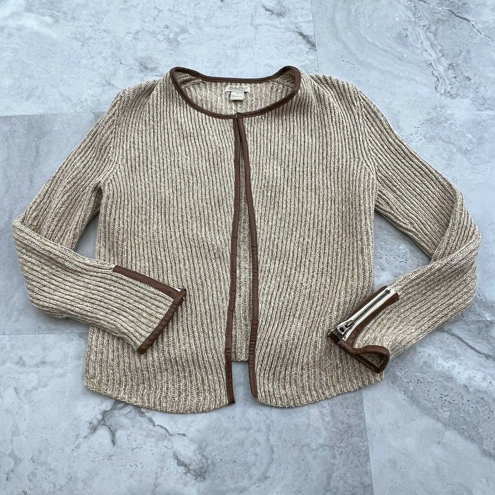 Cardigan Sweater Size Medium M Beige Open Front Faux Leather Trim